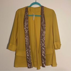 Si Style Brand Chiffon Mustard Jacket with Champagne Sequin Collar | Size M